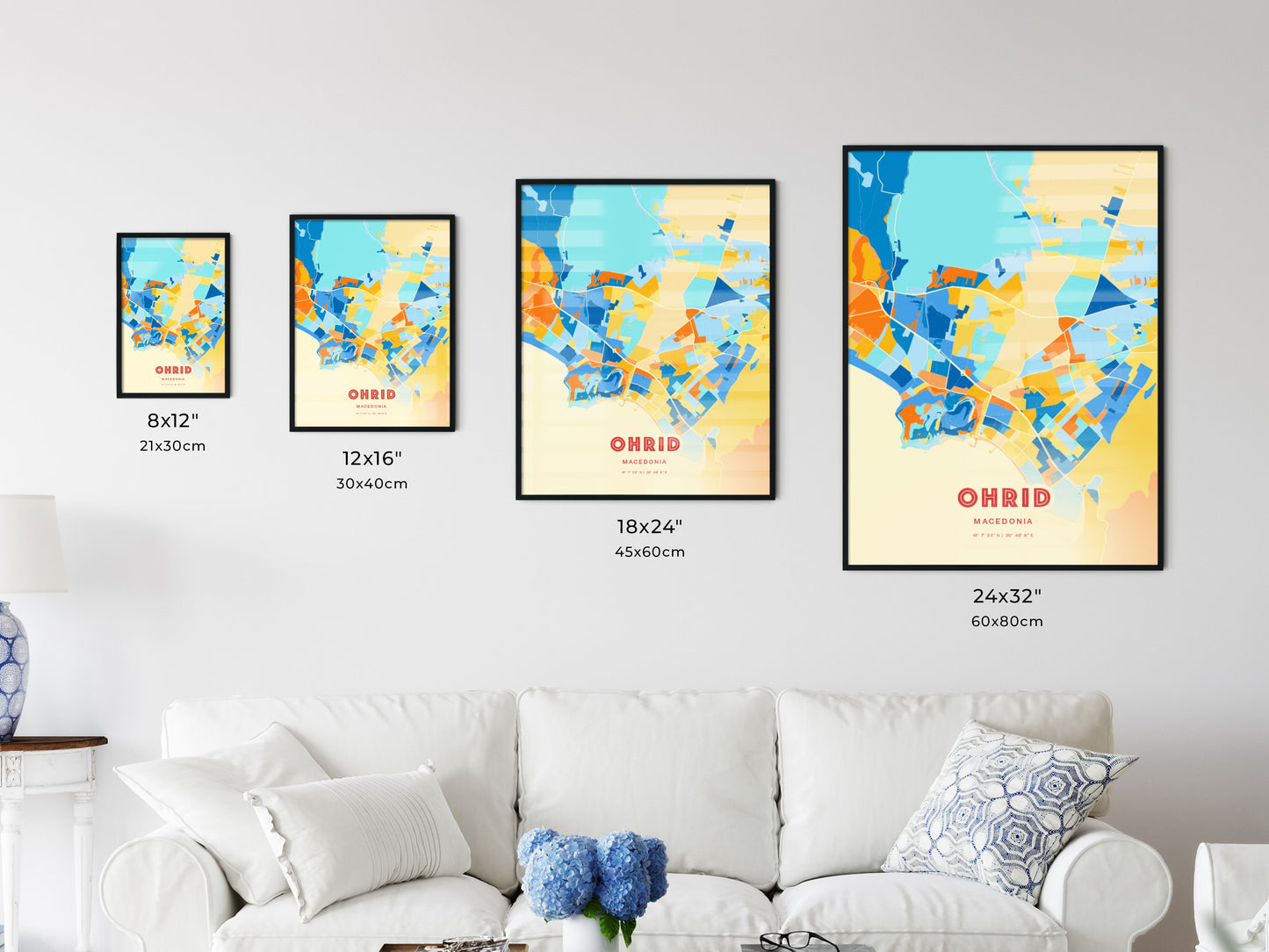 Colorful OHRID NORTH MACEDONIA Fine Art Map Blue Orange