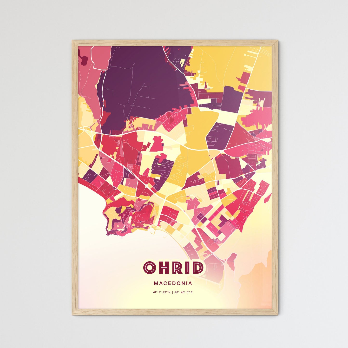 Colorful OHRID NORTH MACEDONIA Fine Art Map Hot Red