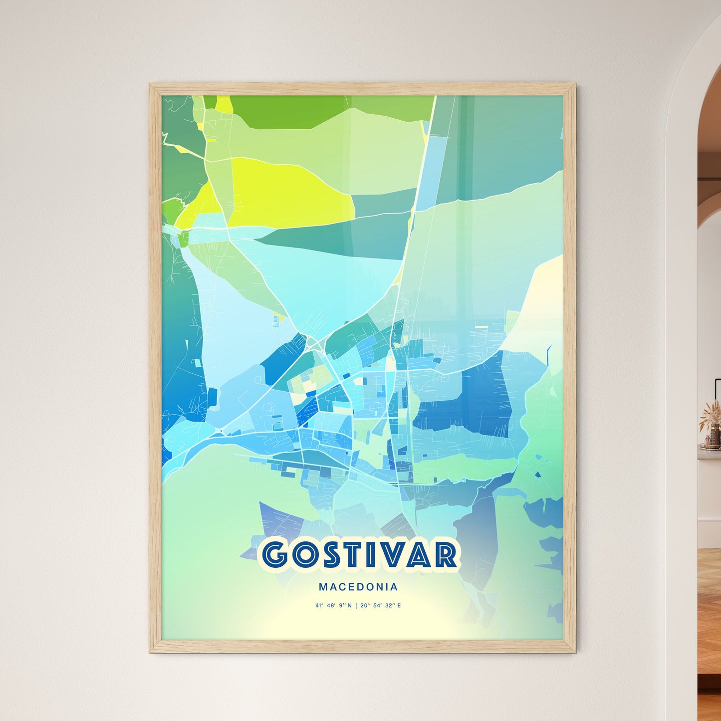 Colorful GOSTIVAR NORTH MACEDONIA Fine Art Map Cool Blue