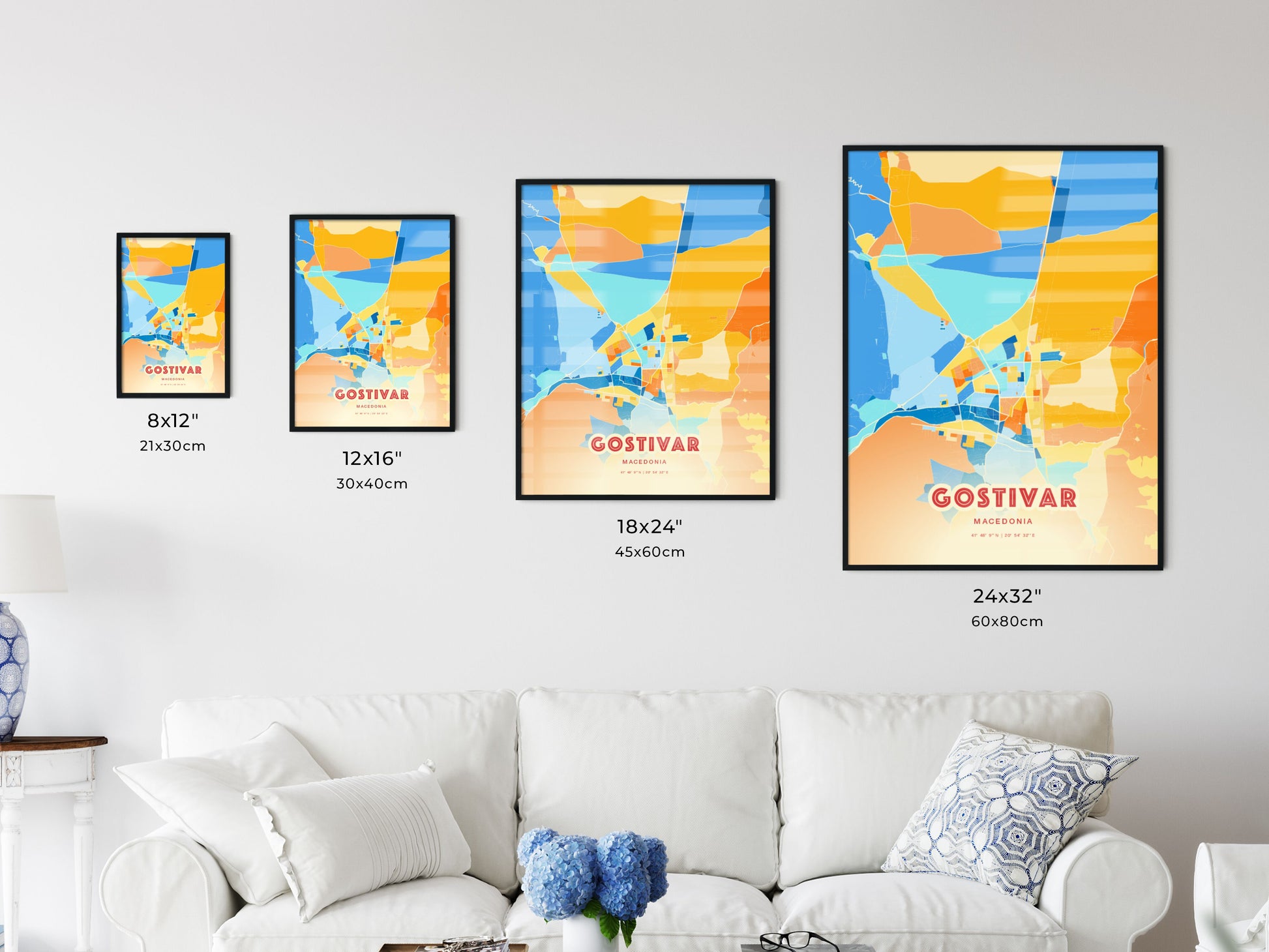 Colorful GOSTIVAR NORTH MACEDONIA Fine Art Map Blue Orange