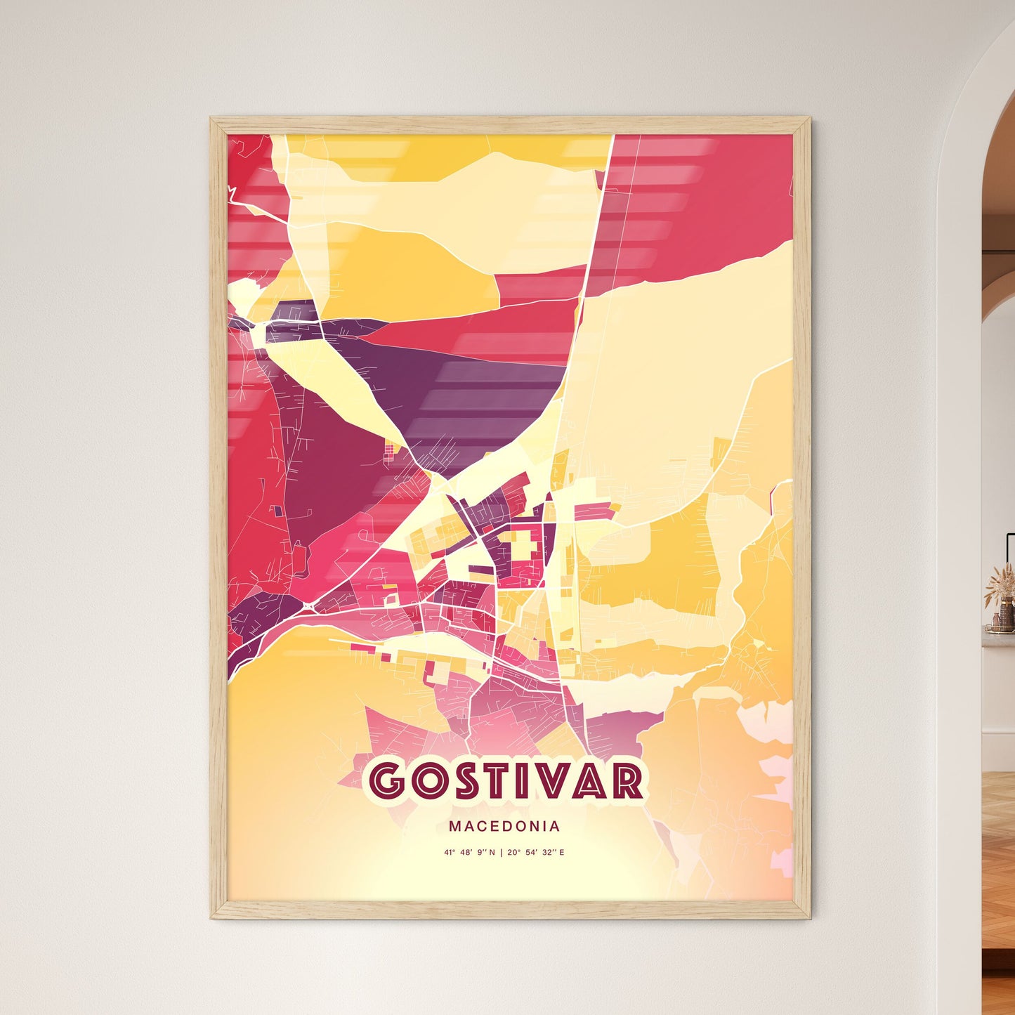 Colorful GOSTIVAR NORTH MACEDONIA Fine Art Map Hot Red