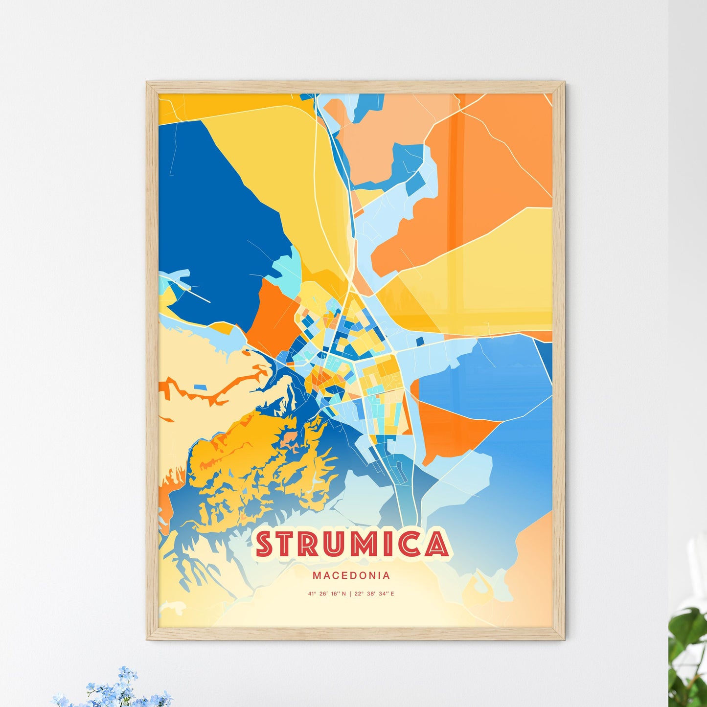 Colorful STRUMICA NORTH MACEDONIA Fine Art Map Blue Orange