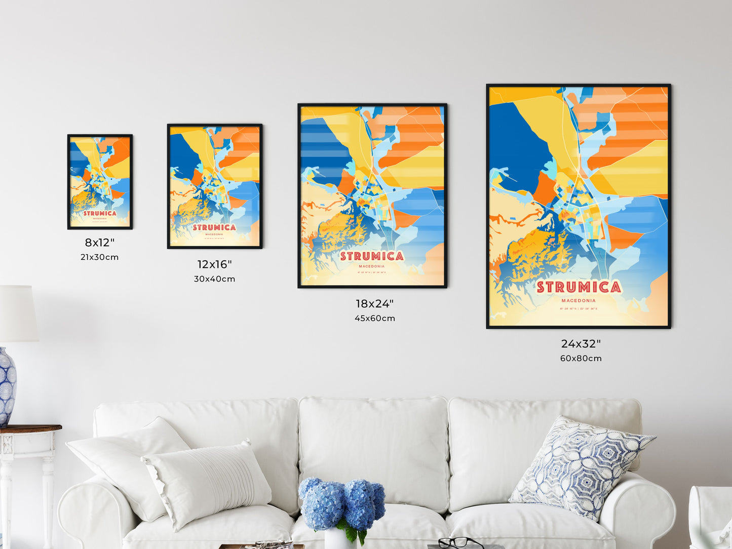 Colorful STRUMICA NORTH MACEDONIA Fine Art Map Blue Orange