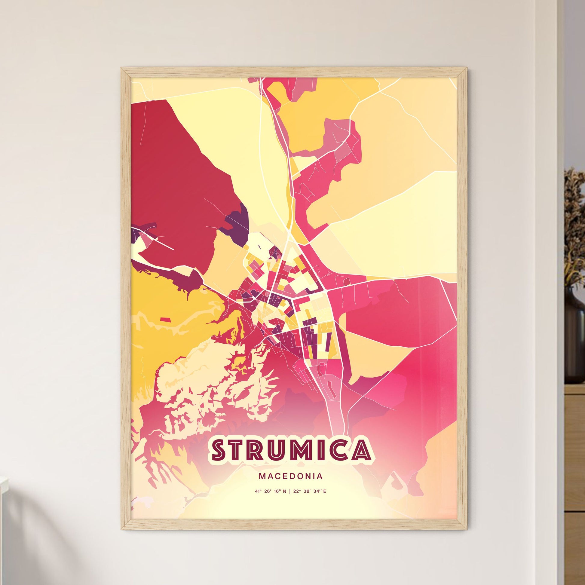 Colorful STRUMICA NORTH MACEDONIA Fine Art Map Hot Red