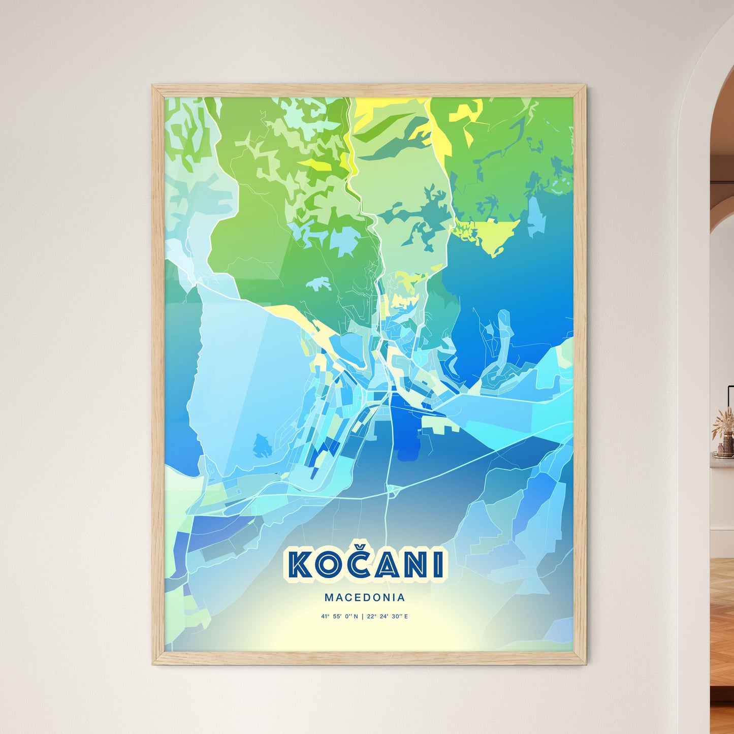 Colorful KOČANI NORTH MACEDONIA Fine Art Map Cool Blue