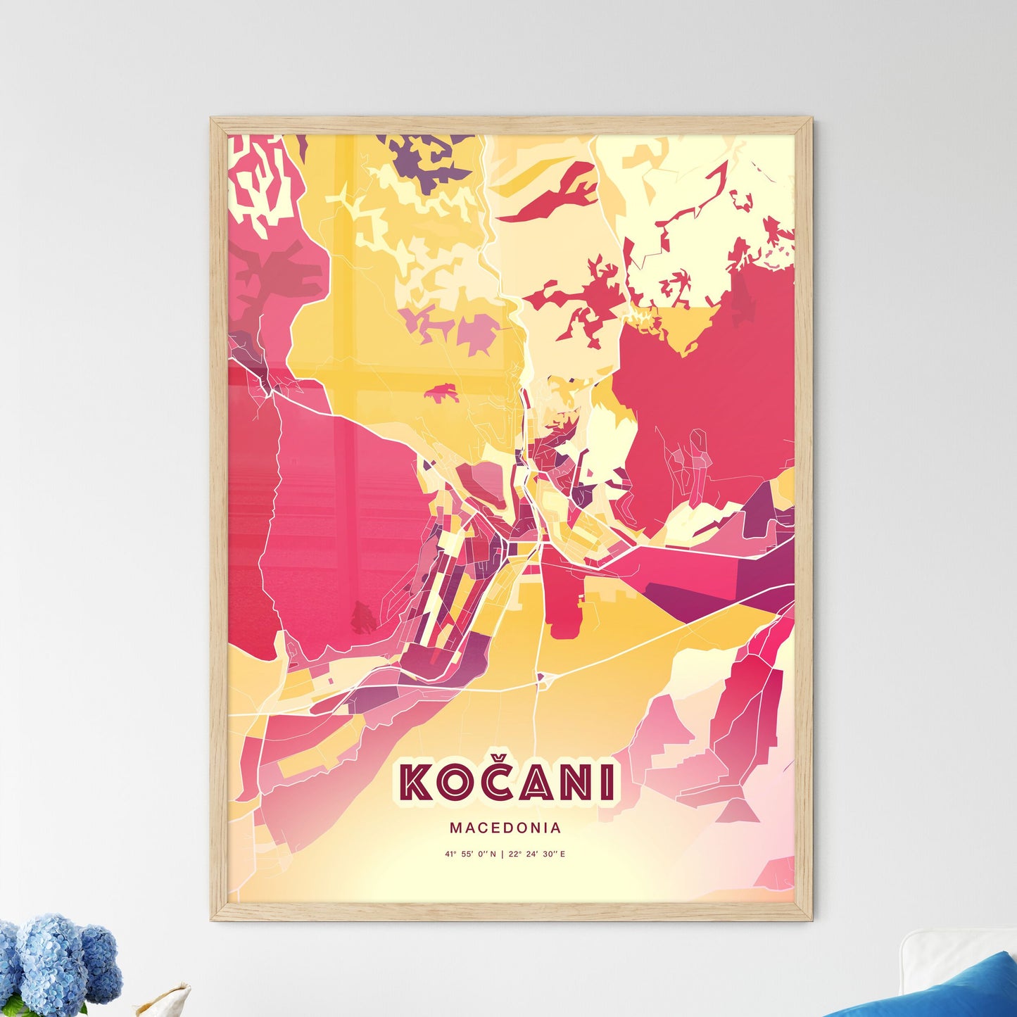 Colorful KOČANI NORTH MACEDONIA Fine Art Map Hot Red