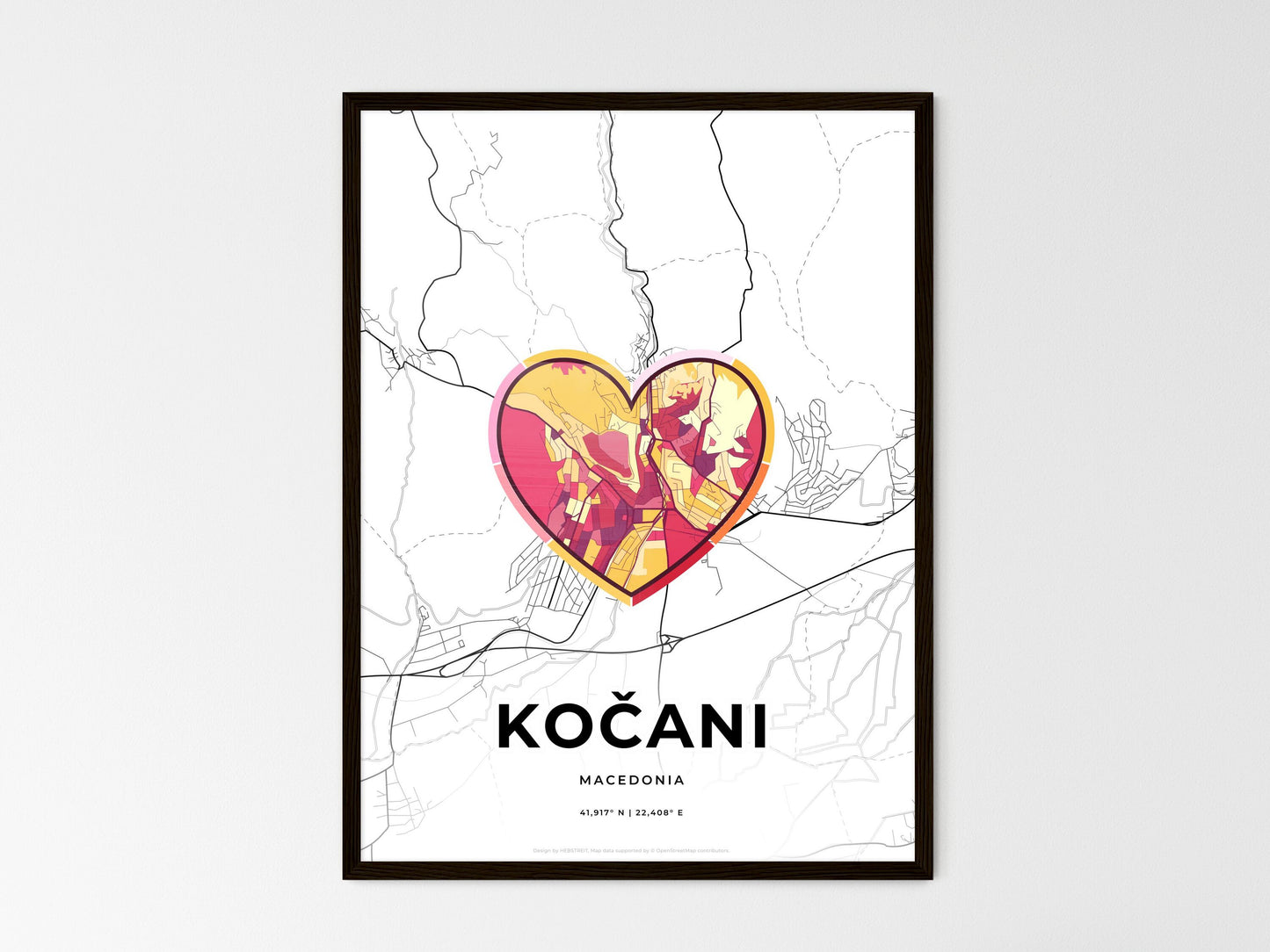 Kočani North Macedonia wedding art map with heart icon