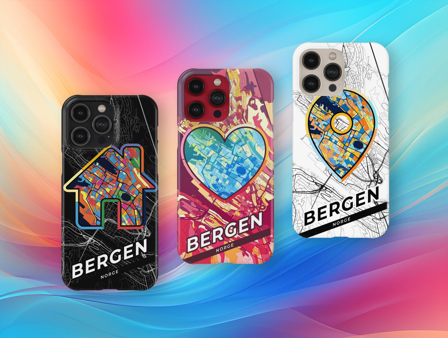 Bergen Norway slim phone case with colorful icon. Birthday, wedding or housewarming gift. Couple match cases.