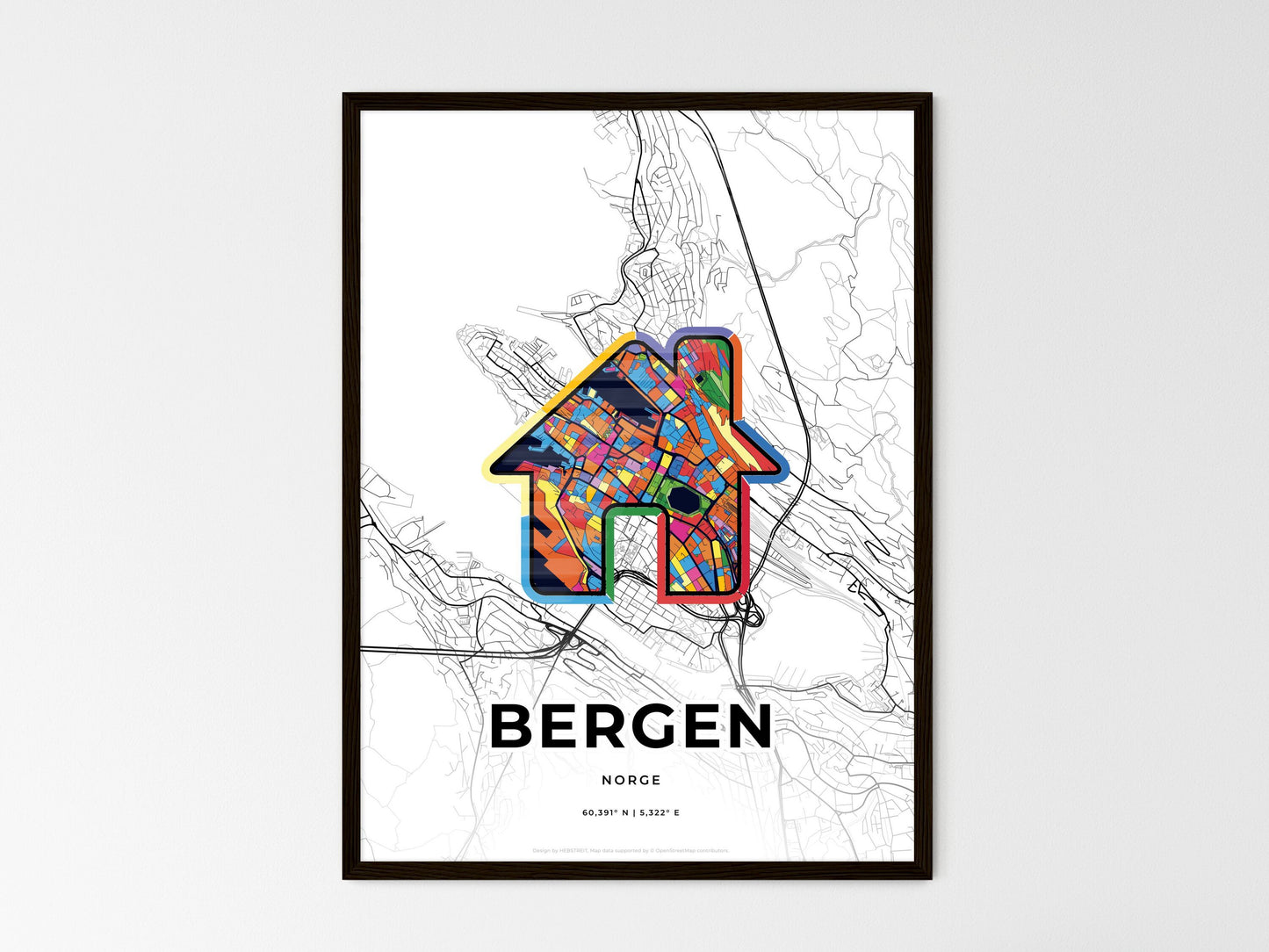 Bergen Norway wedding art map with home icon