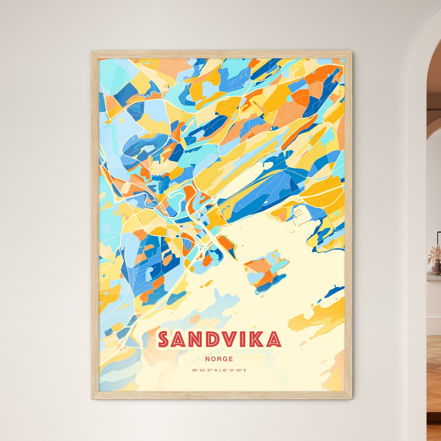 Colorful SANDVIKA NORWAY Fine Art Map Blue Orange