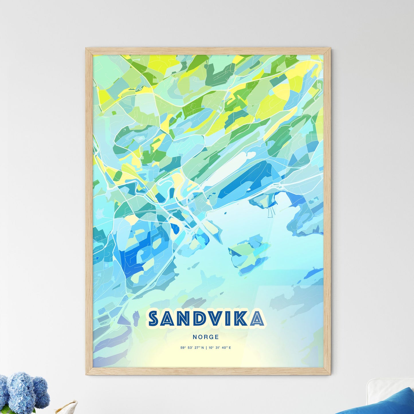 Colorful SANDVIKA NORWAY Fine Art Map Cool Blue