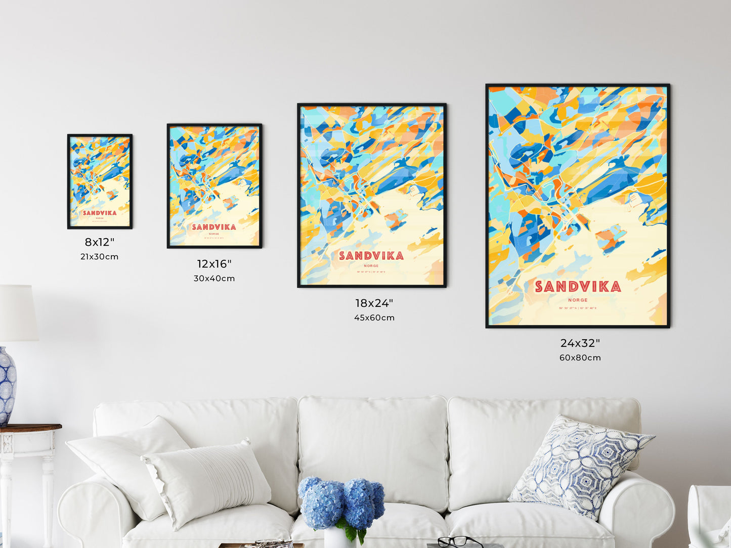 Colorful SANDVIKA NORWAY Fine Art Map Blue Orange