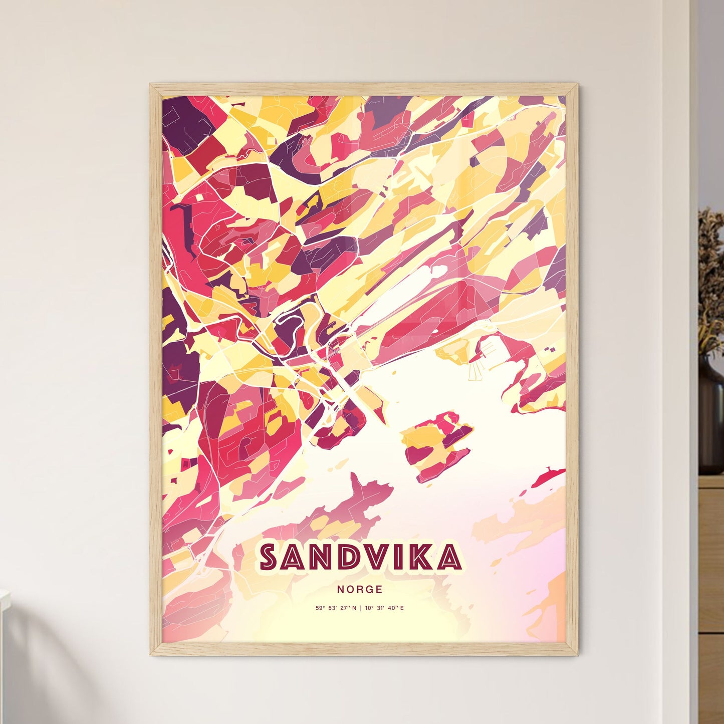 Colorful SANDVIKA NORWAY Fine Art Map Hot Red
