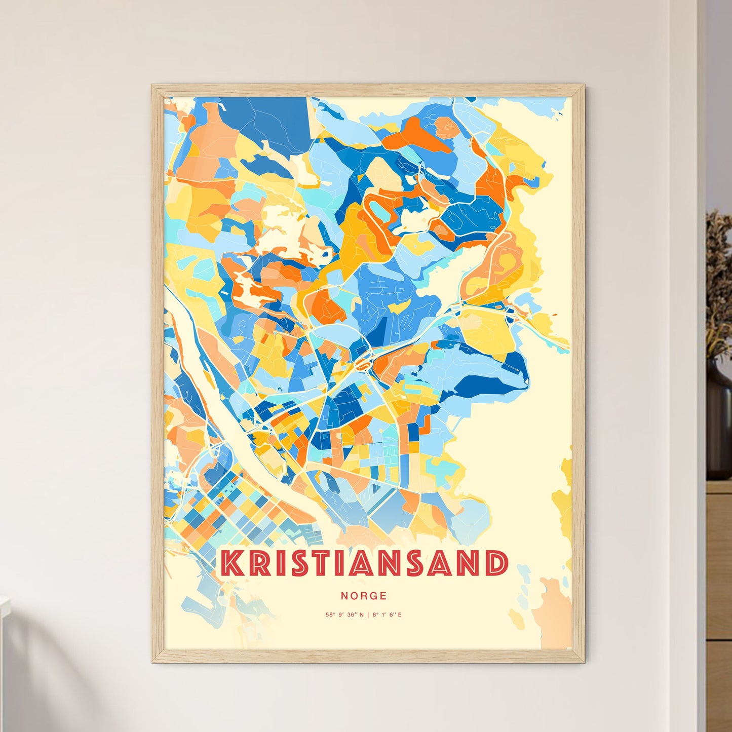 Colorful KRISTIANSAND NORWAY Fine Art Map Blue Orange