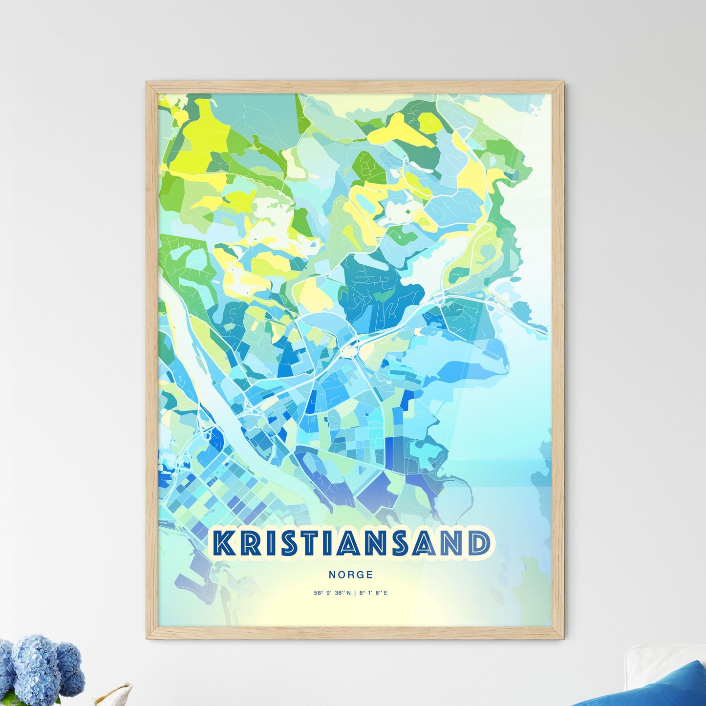 Colorful KRISTIANSAND NORWAY Fine Art Map Cool Blue