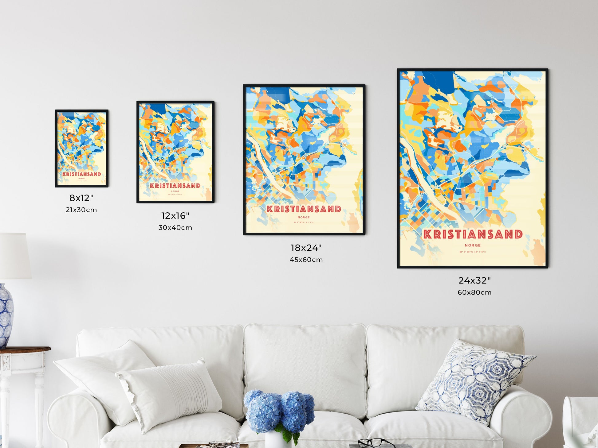 Colorful KRISTIANSAND NORWAY Fine Art Map Blue Orange