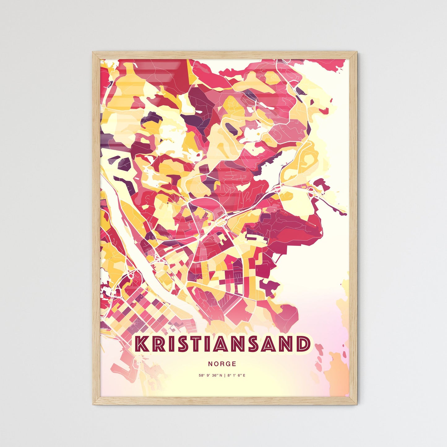 Colorful KRISTIANSAND NORWAY Fine Art Map Hot Red