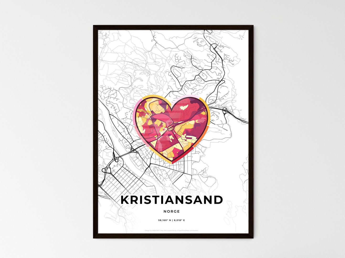 Kristiansand Norway wedding art map with heart icon