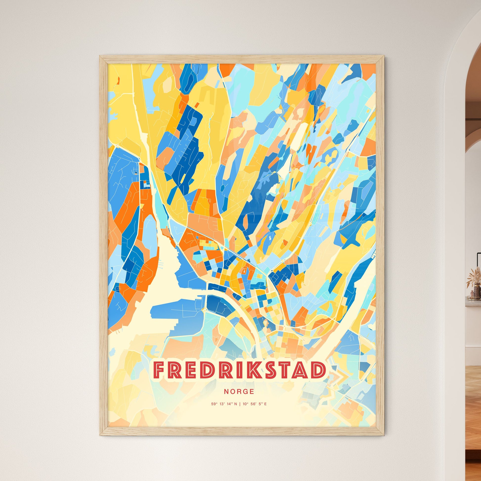 Colorful FREDRIKSTAD NORWAY Fine Art Map Blue Orange