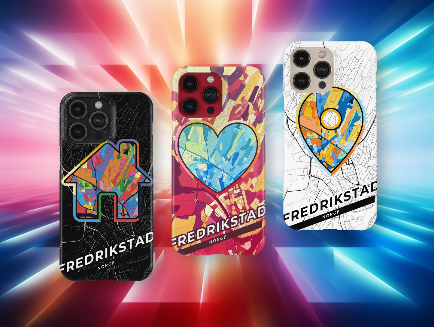 Fredrikstad Norway slim phone case with colorful icon. Birthday, wedding or housewarming gift. Couple match cases.