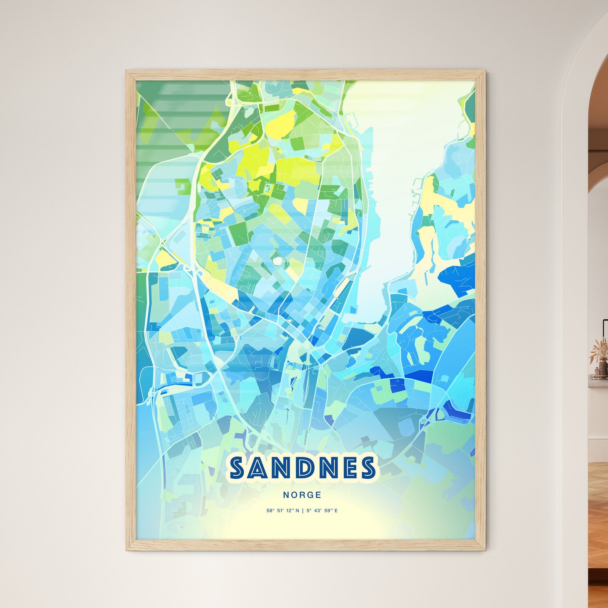 Colorful SANDNES NORWAY Fine Art Map Cool Blue