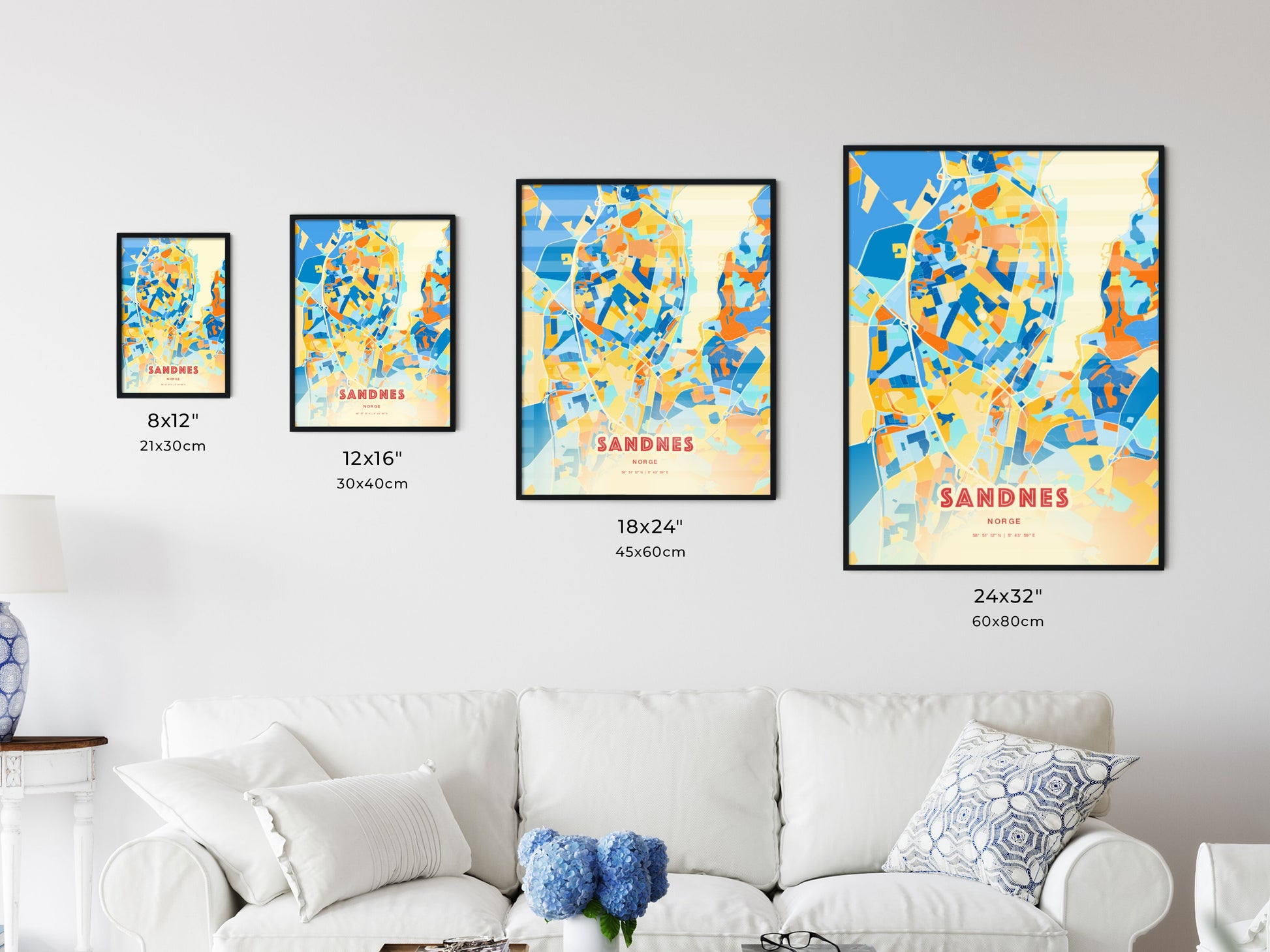 Colorful SANDNES NORWAY Fine Art Map Blue Orange