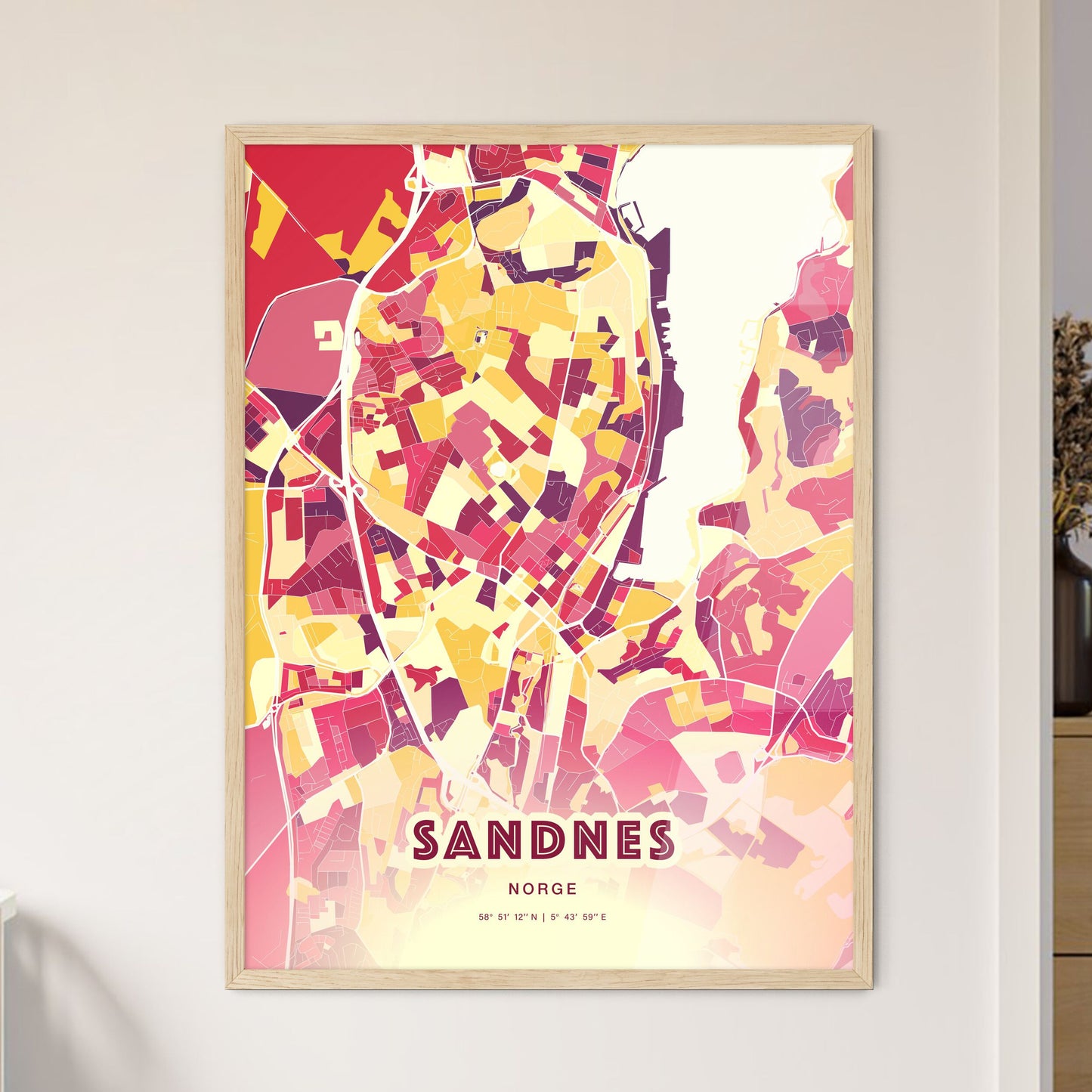 Colorful SANDNES NORWAY Fine Art Map Hot Red