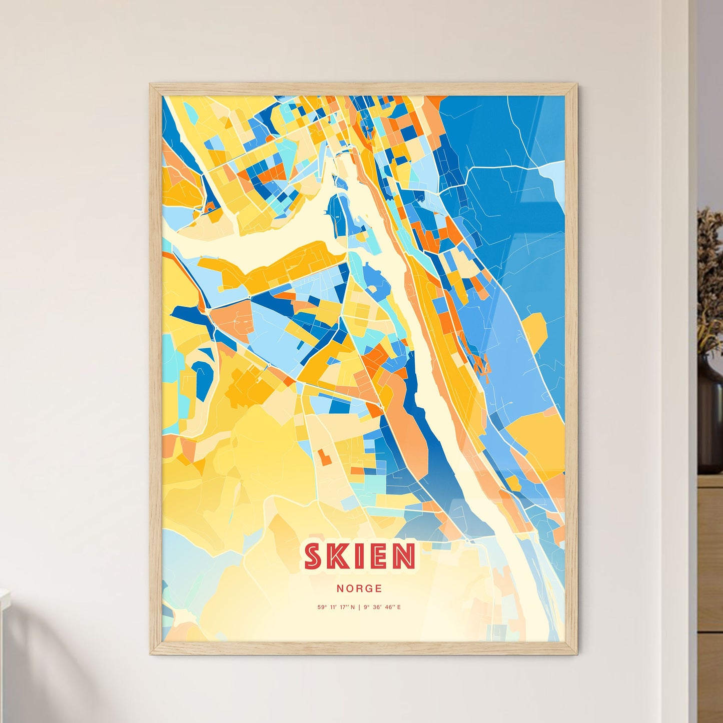 Colorful SKIEN NORWAY Fine Art Map Blue Orange