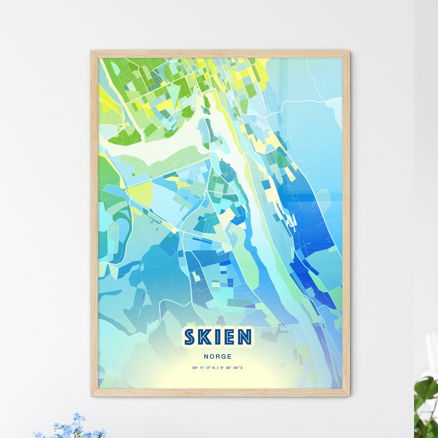 Colorful SKIEN NORWAY Fine Art Map Cool Blue