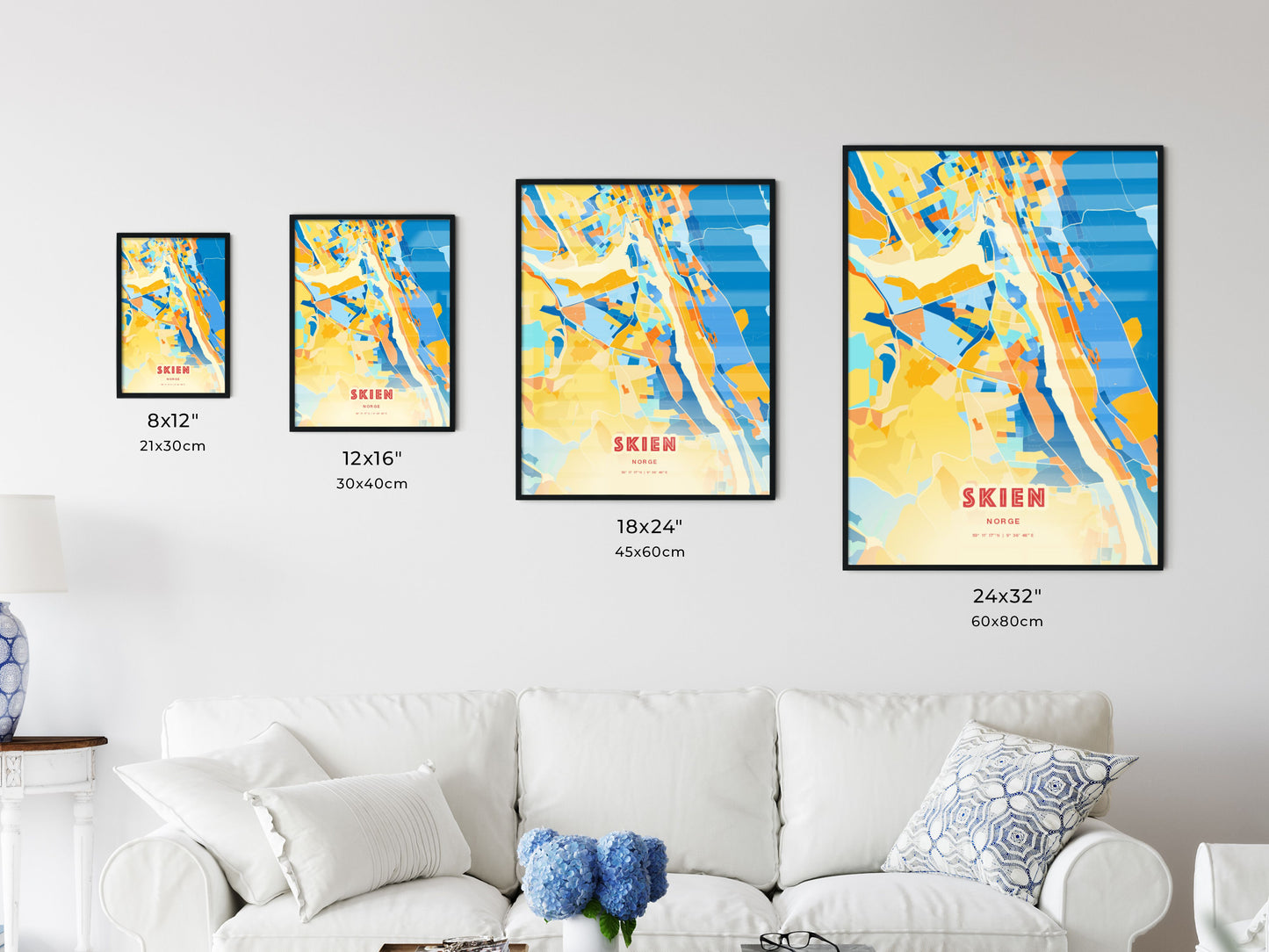 Colorful SKIEN NORWAY Fine Art Map Blue Orange