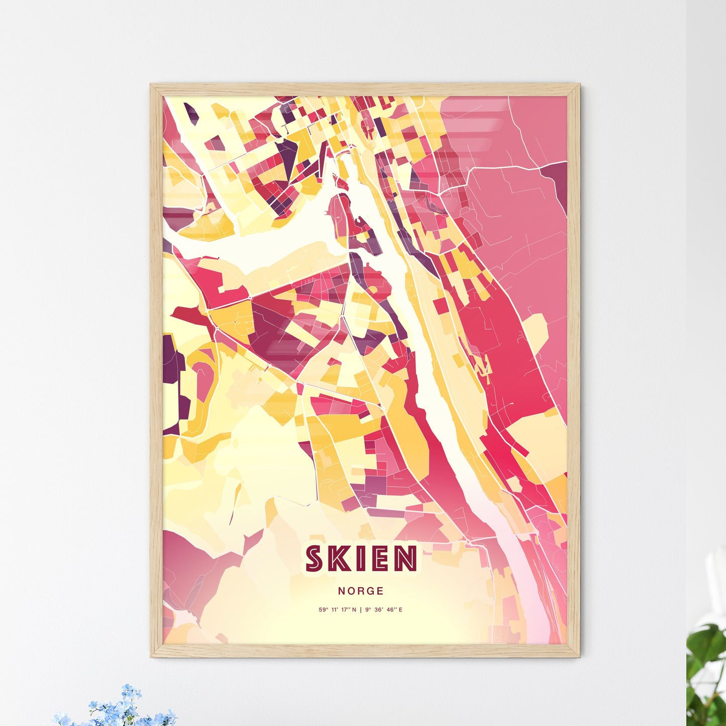 Colorful SKIEN NORWAY Fine Art Map Hot Red