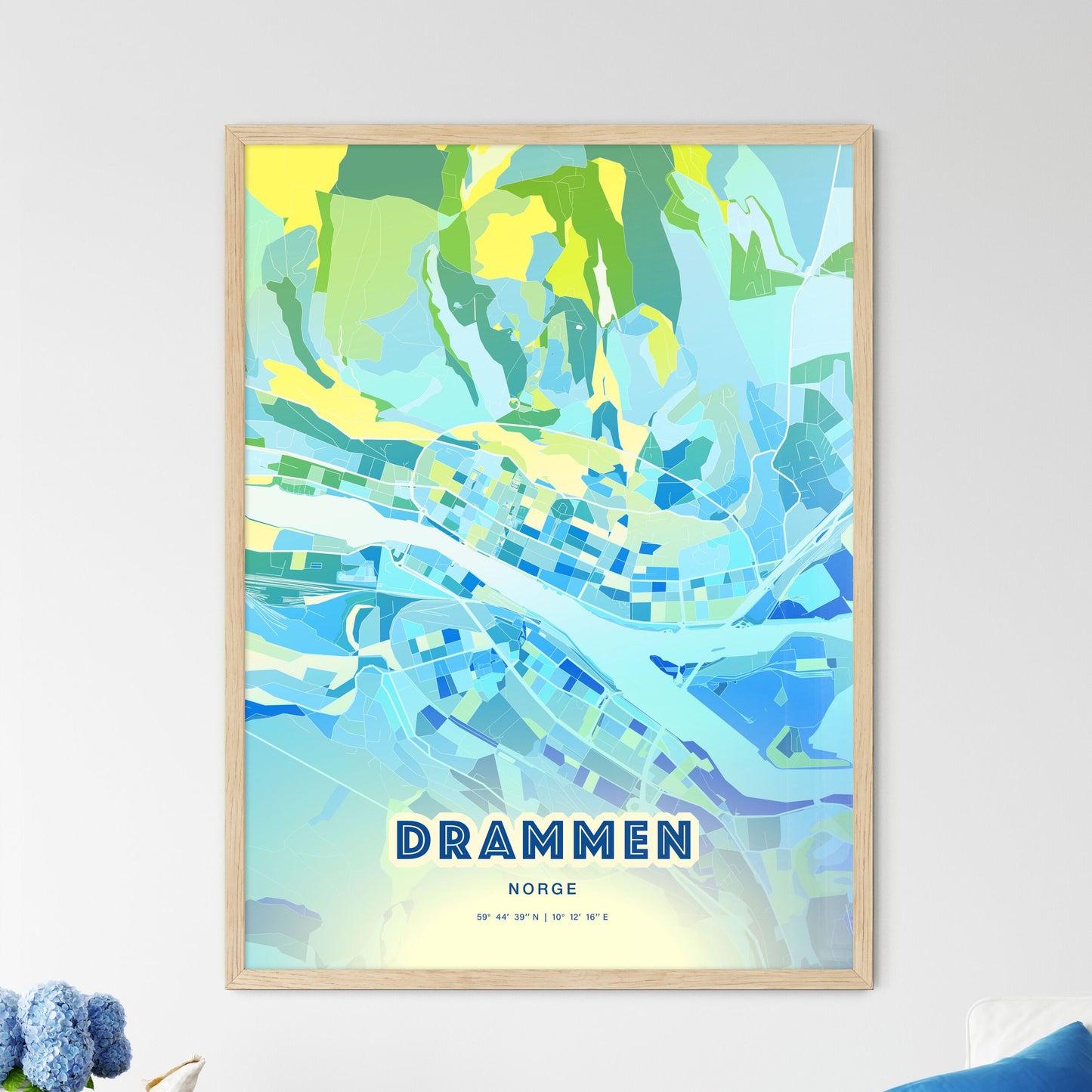 Colorful DRAMMEN NORWAY Fine Art Map Cool Blue