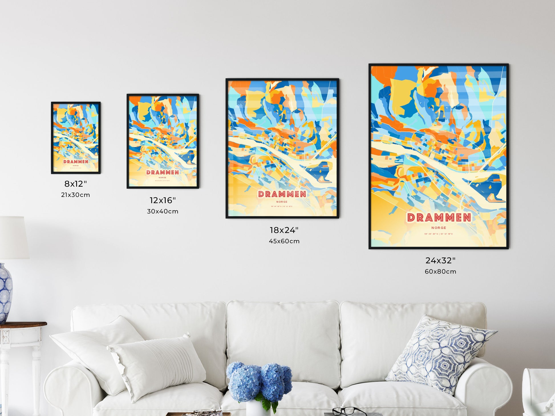 Colorful DRAMMEN NORWAY Fine Art Map Blue Orange