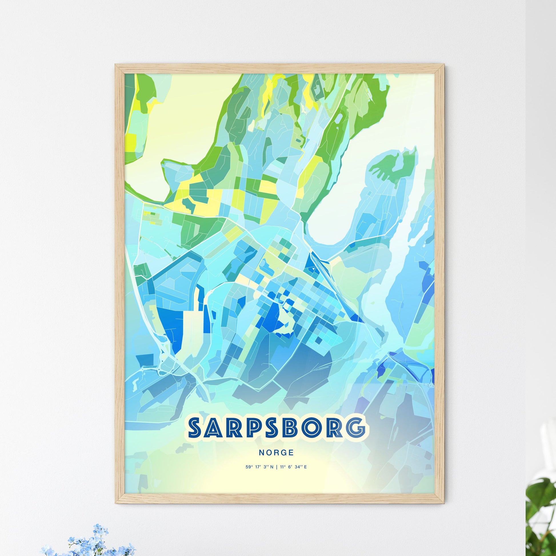 Colorful SARPSBORG NORWAY Fine Art Map Cool Blue