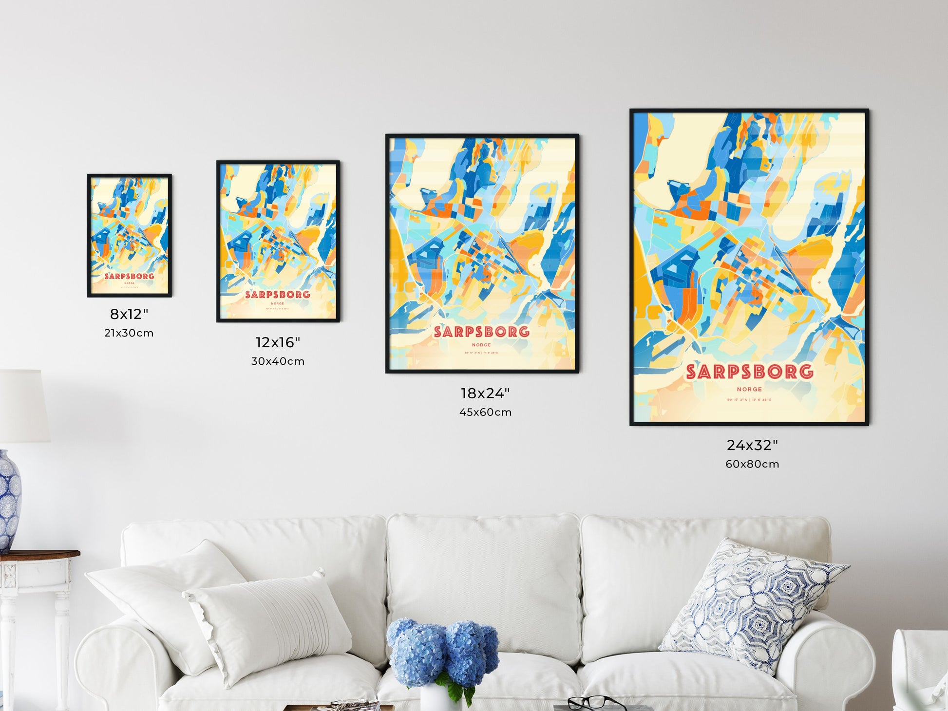 Colorful SARPSBORG NORWAY Fine Art Map Blue Orange