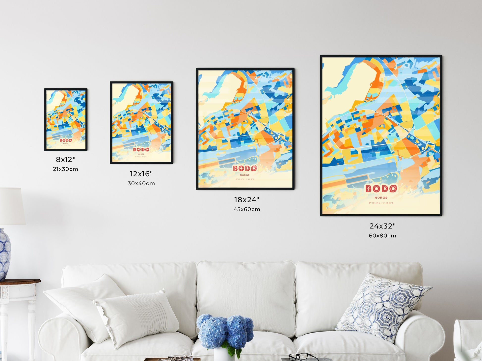 Colorful BODØ NORWAY Fine Art Map Blue Orange