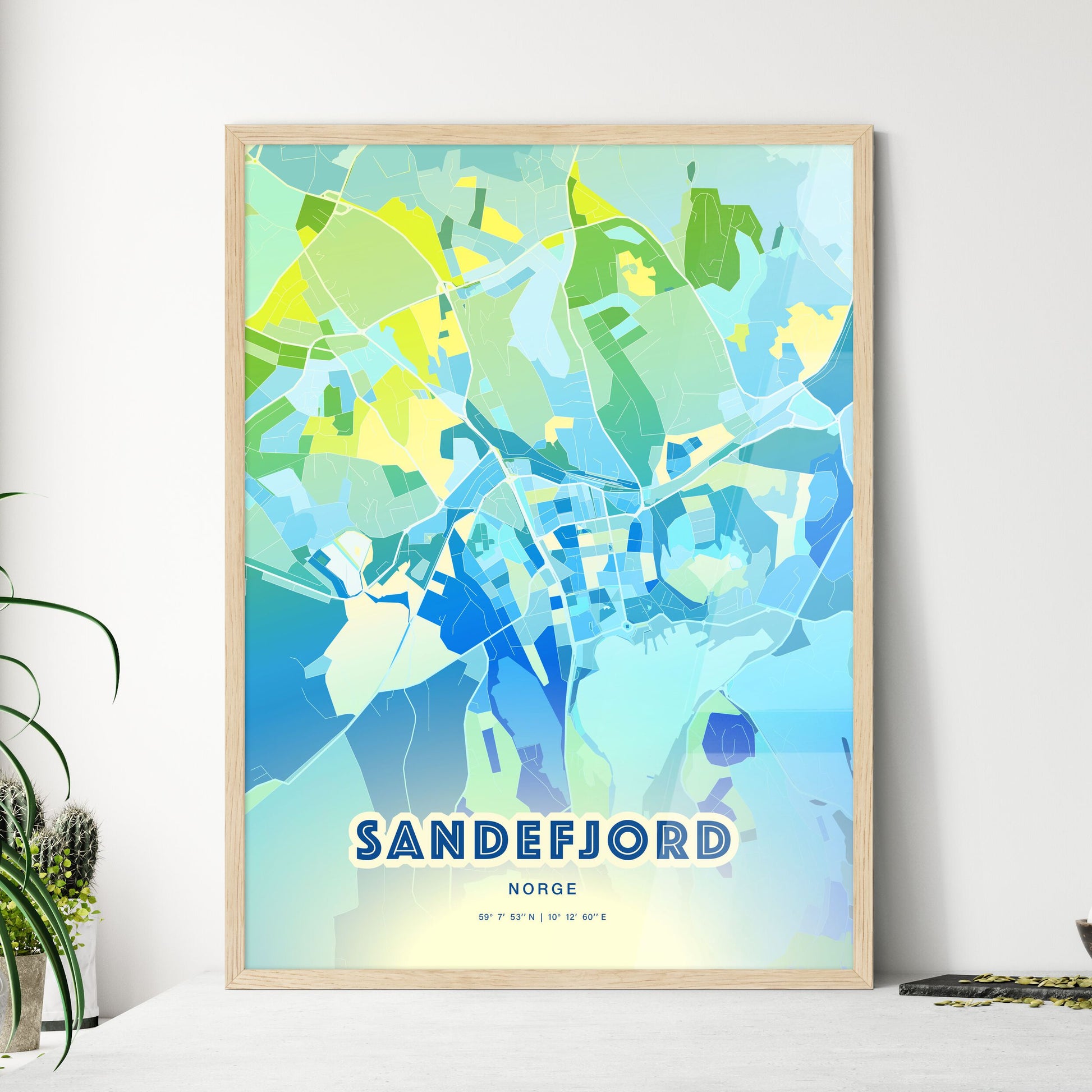 Colorful SANDEFJORD NORWAY Fine Art Map Cool Blue