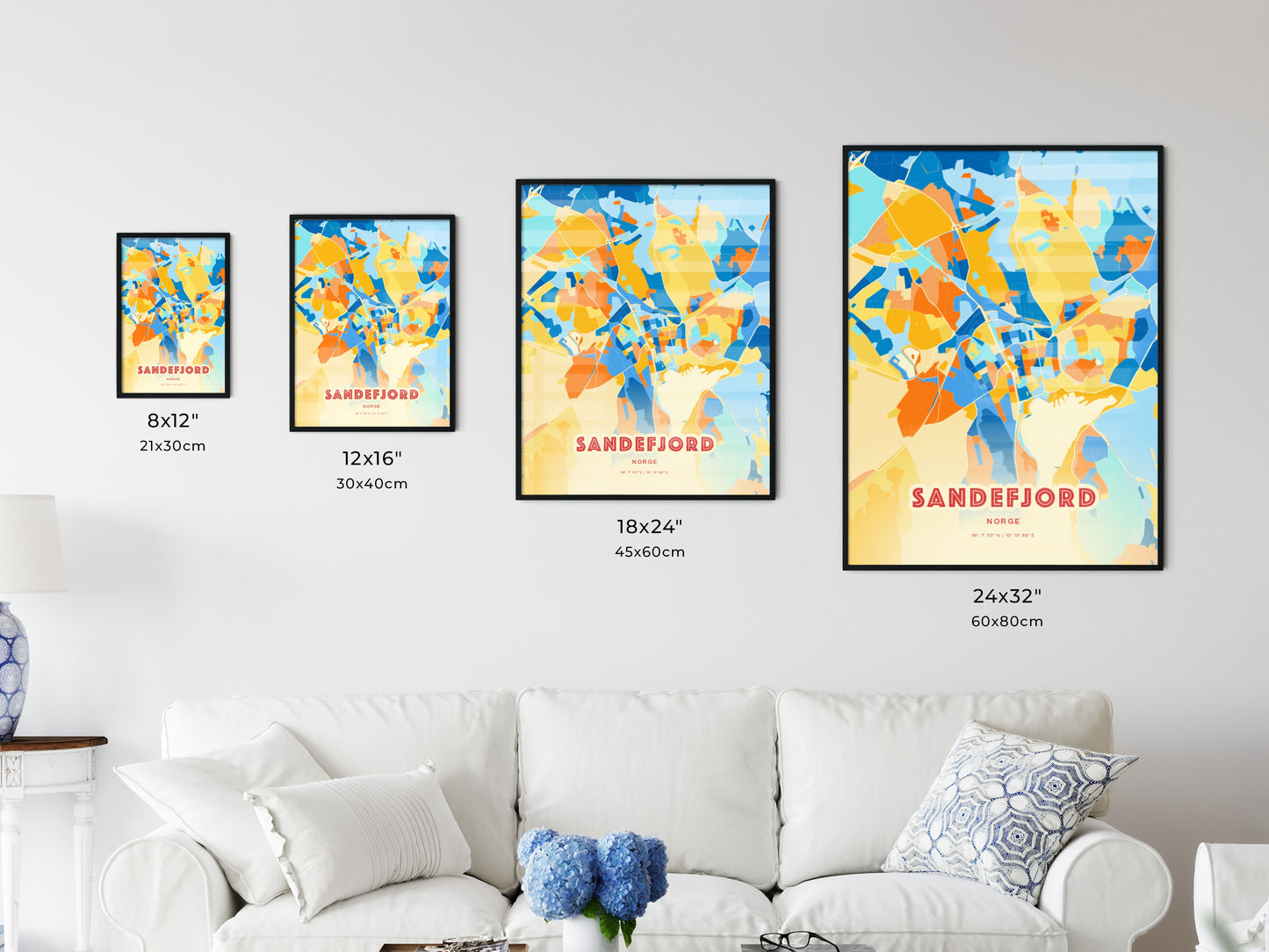 Colorful SANDEFJORD NORWAY Fine Art Map Blue Orange