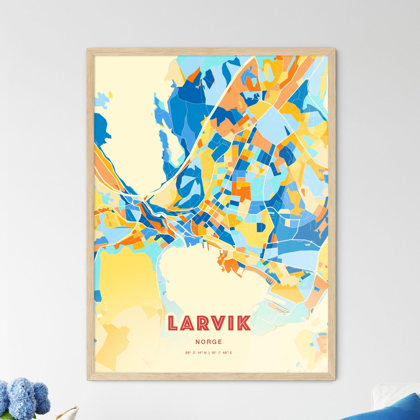 Colorful Larvik Norway Fine Art Map Blue Orange