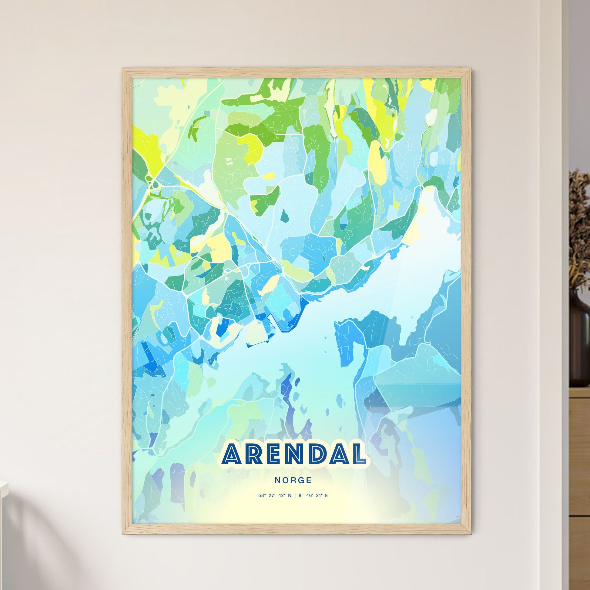 Colorful ARENDAL NORWAY Fine Art Map Cool Blue