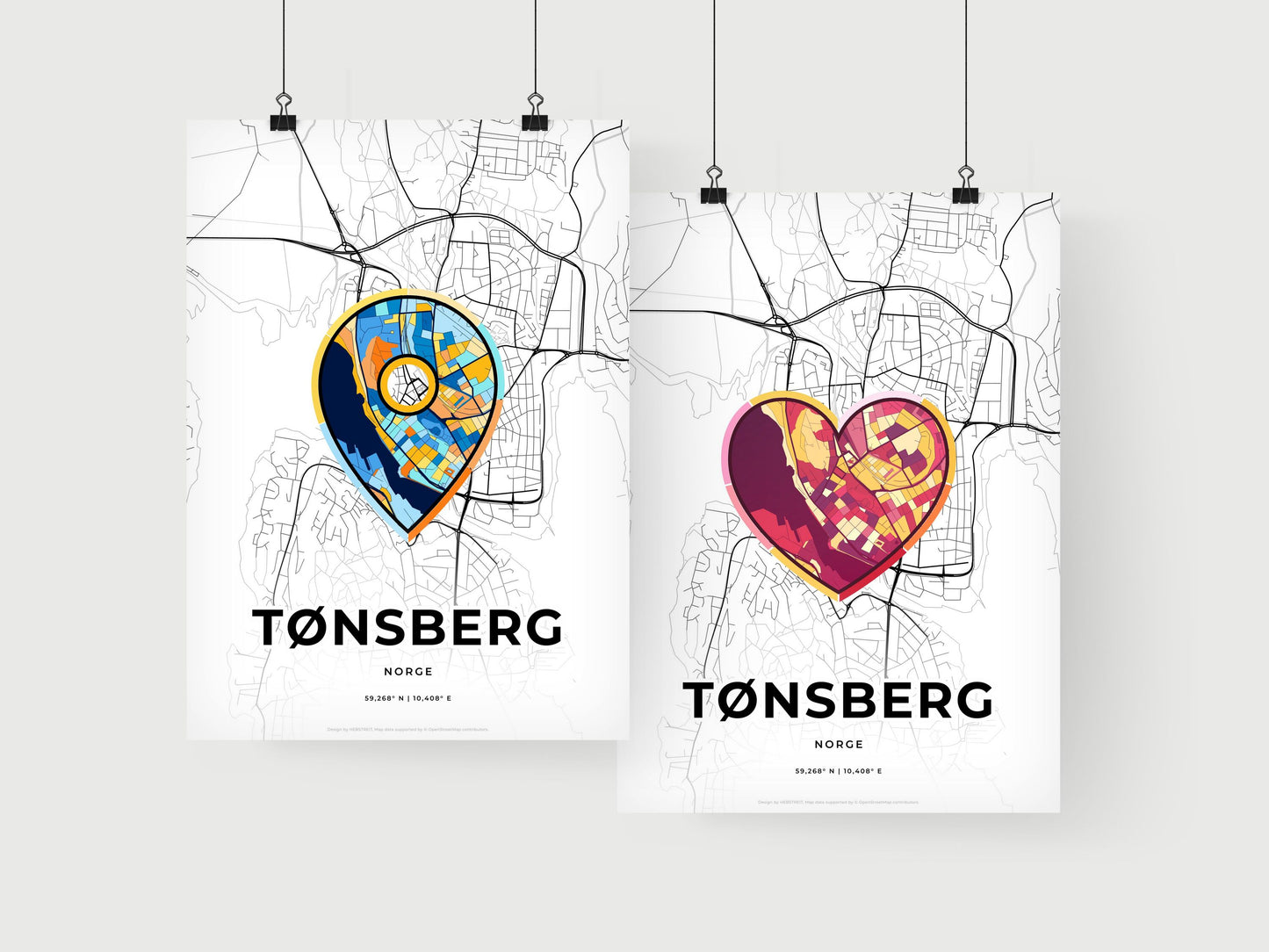 TØNSBERG NORWAY minimal art map with a colorful icon. Where it all began, Couple map gift.