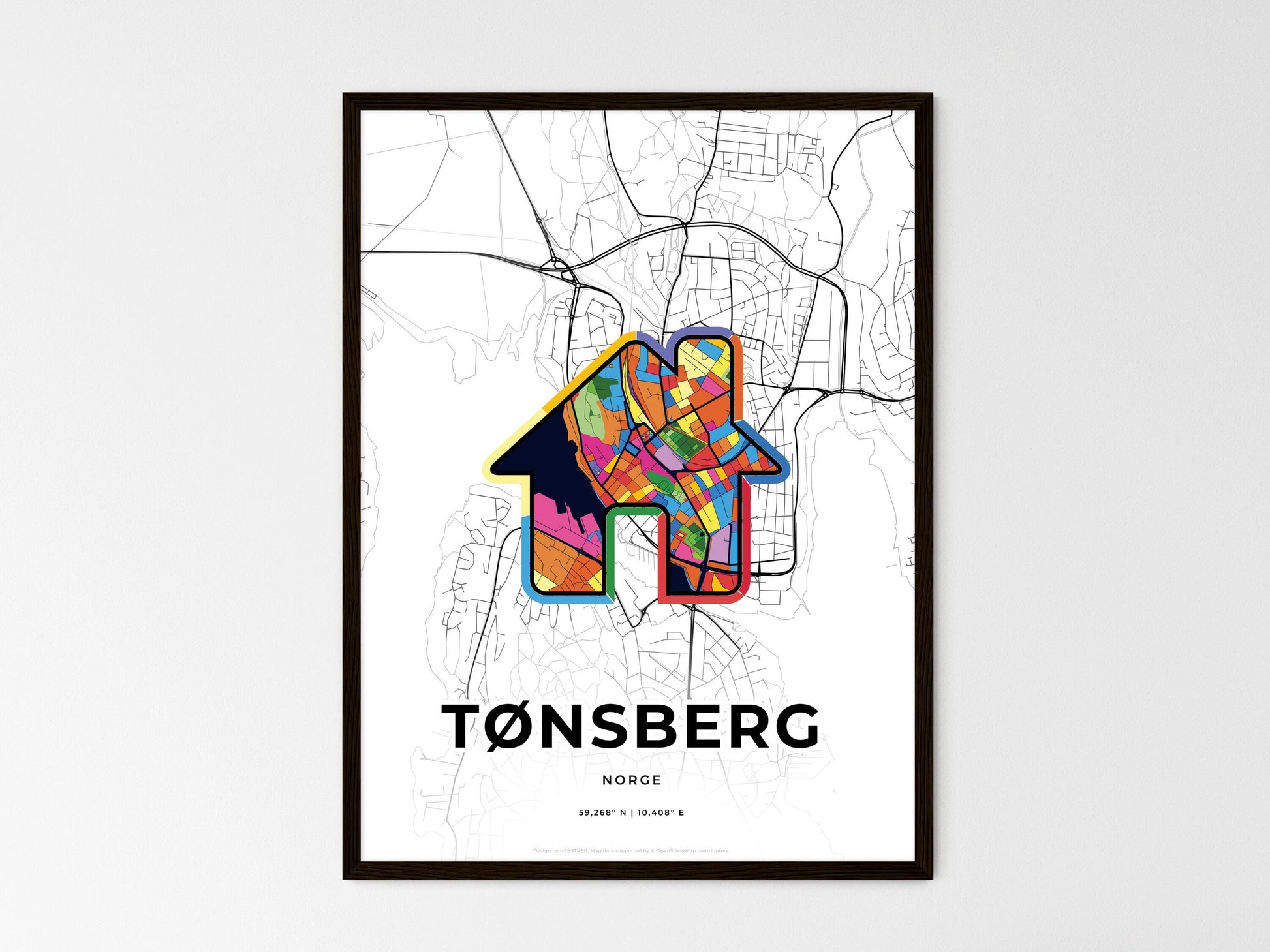 TØNSBERG NORWAY minimal art map with a colorful icon. Where it all began, Couple map gift. Style 3