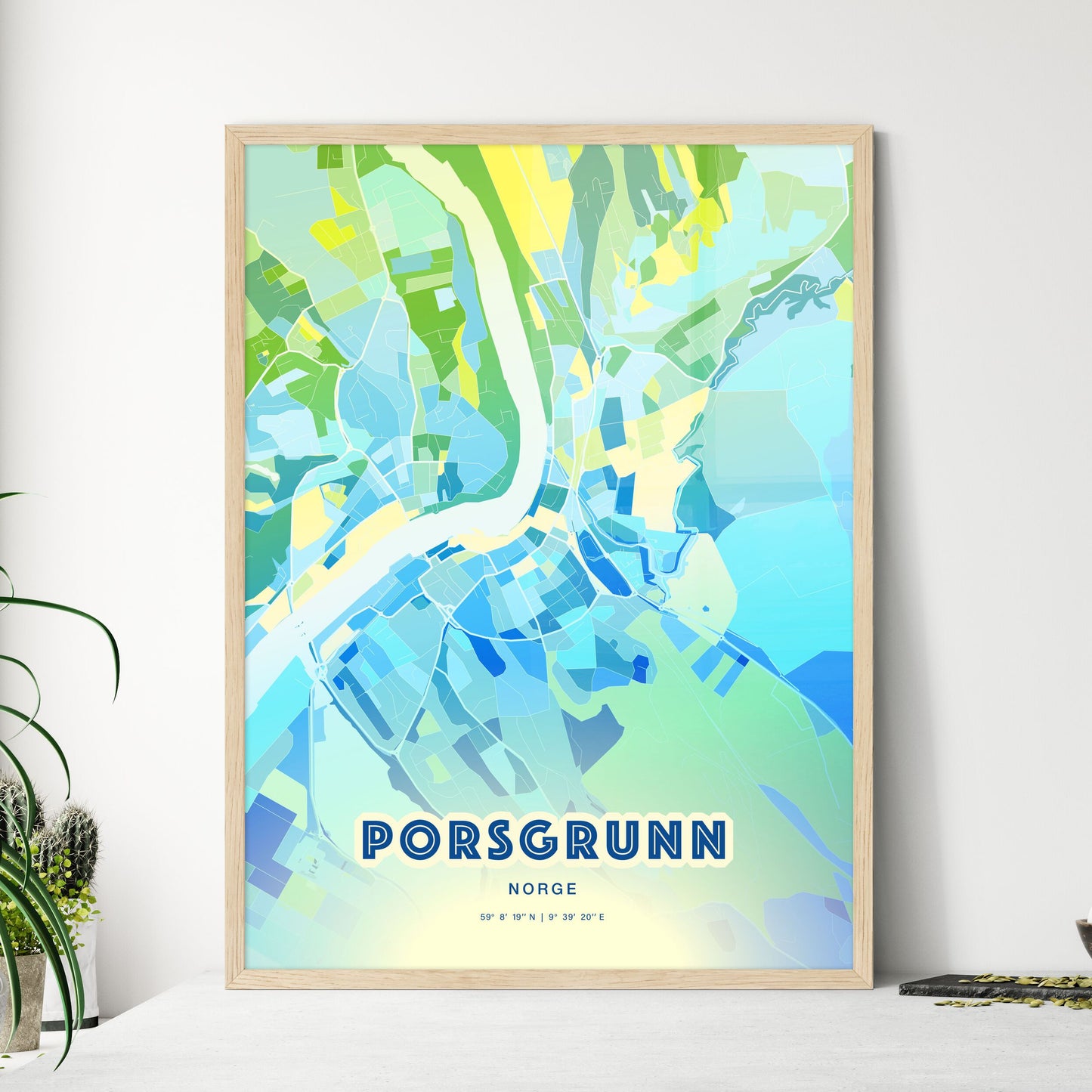 Colorful PORSGRUNN NORWAY Fine Art Map Cool Blue