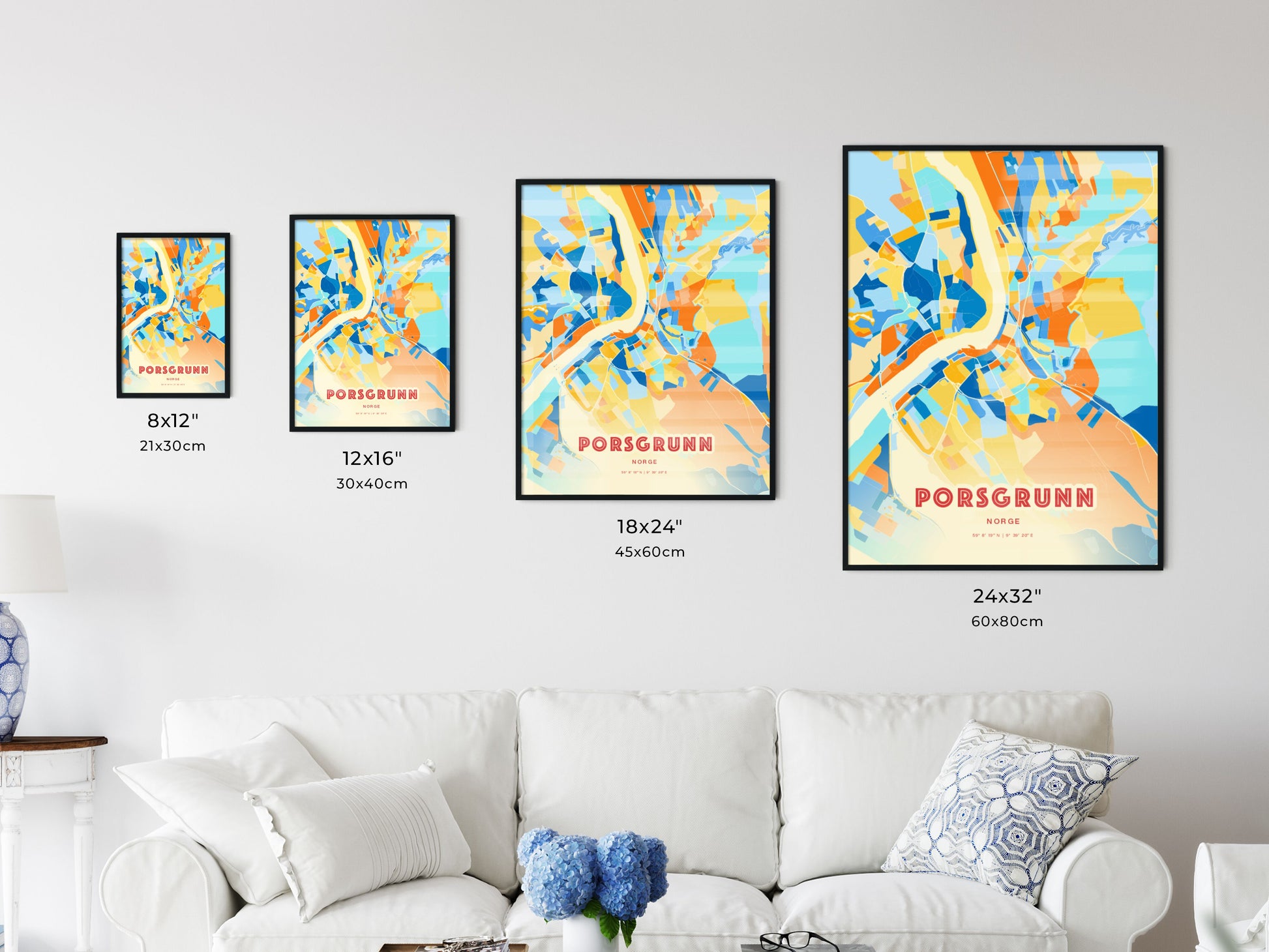 Colorful PORSGRUNN NORWAY Fine Art Map Blue Orange