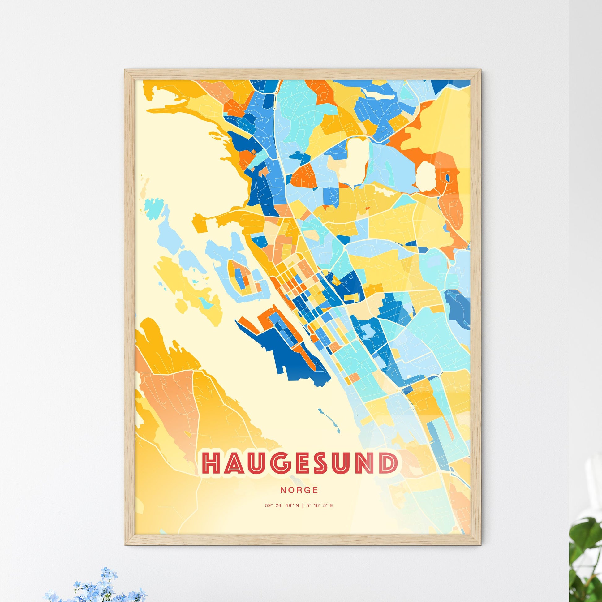 Colorful HAUGESUND NORWAY Fine Art Map Blue Orange