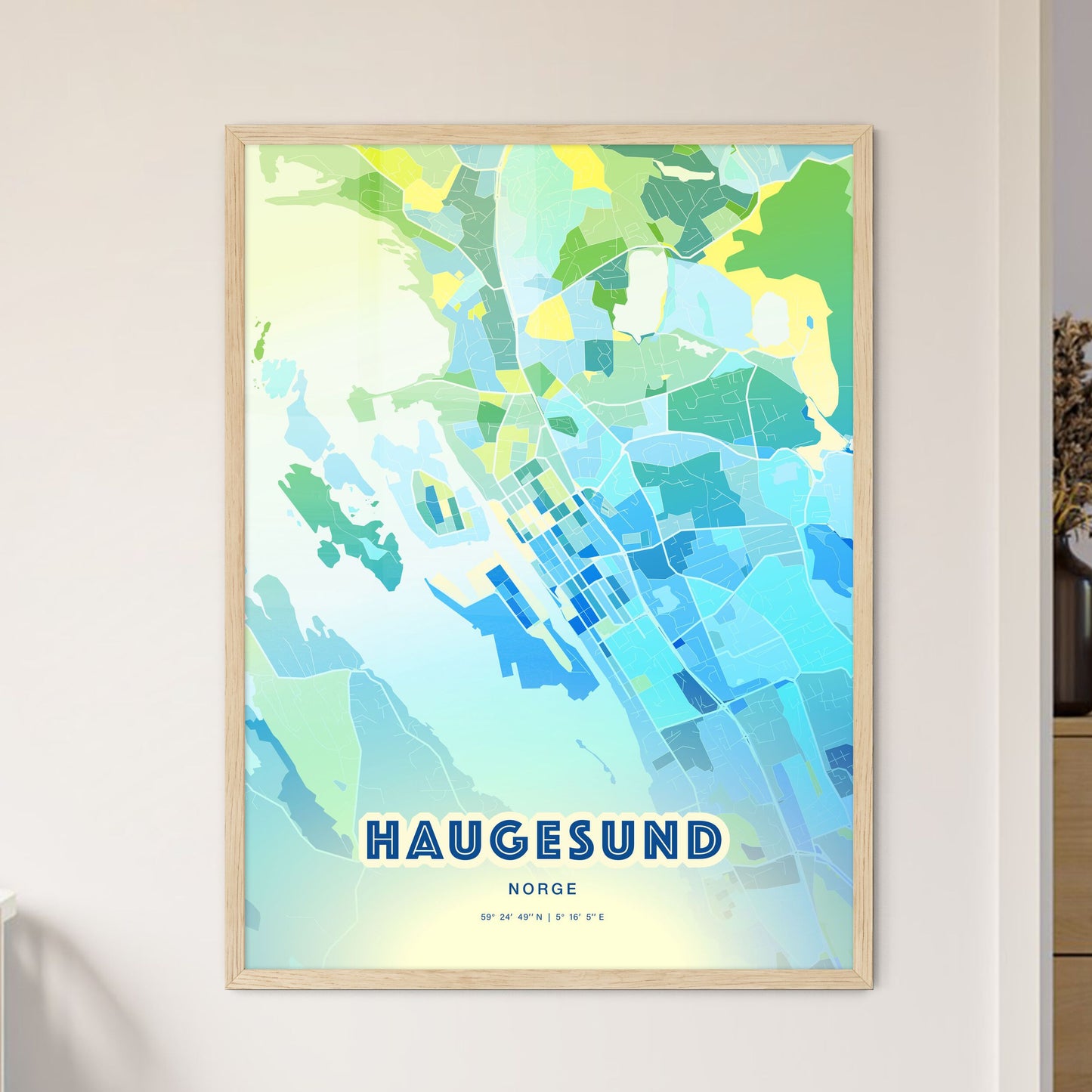 Colorful HAUGESUND NORWAY Fine Art Map Cool Blue