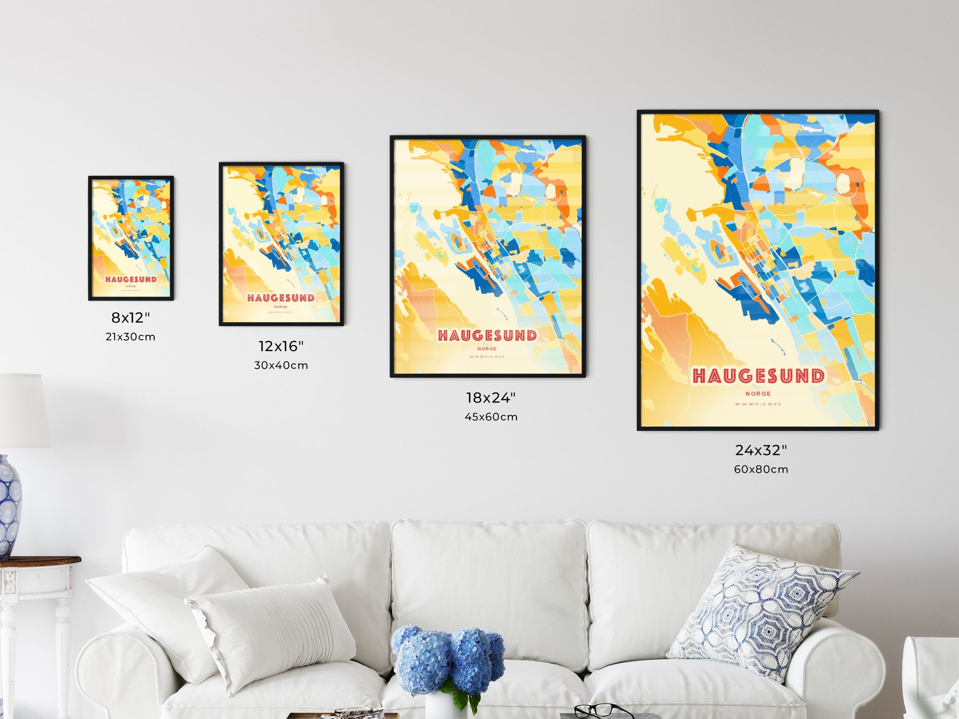 Colorful HAUGESUND NORWAY Fine Art Map Blue Orange