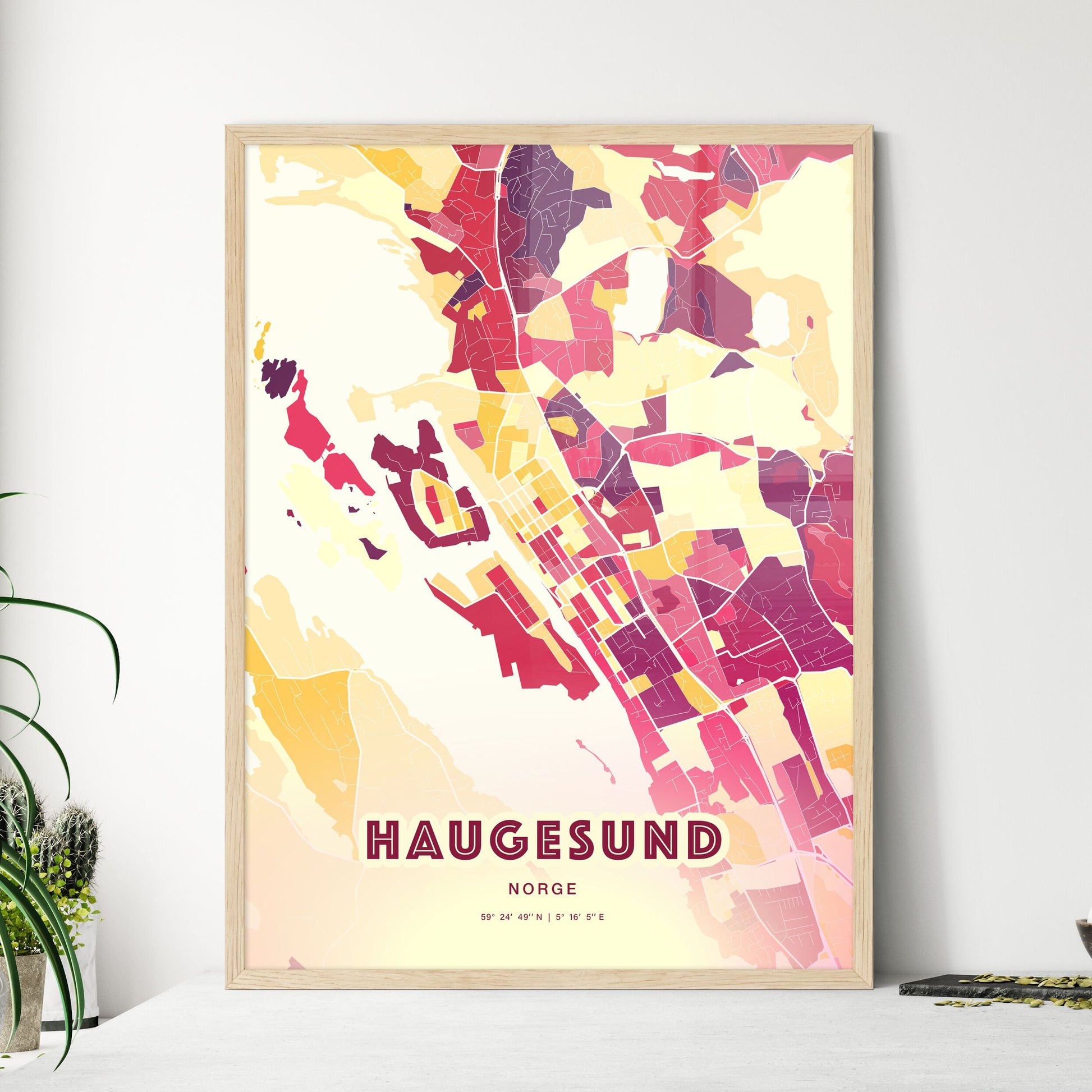 Colorful HAUGESUND NORWAY Fine Art Map Hot Red