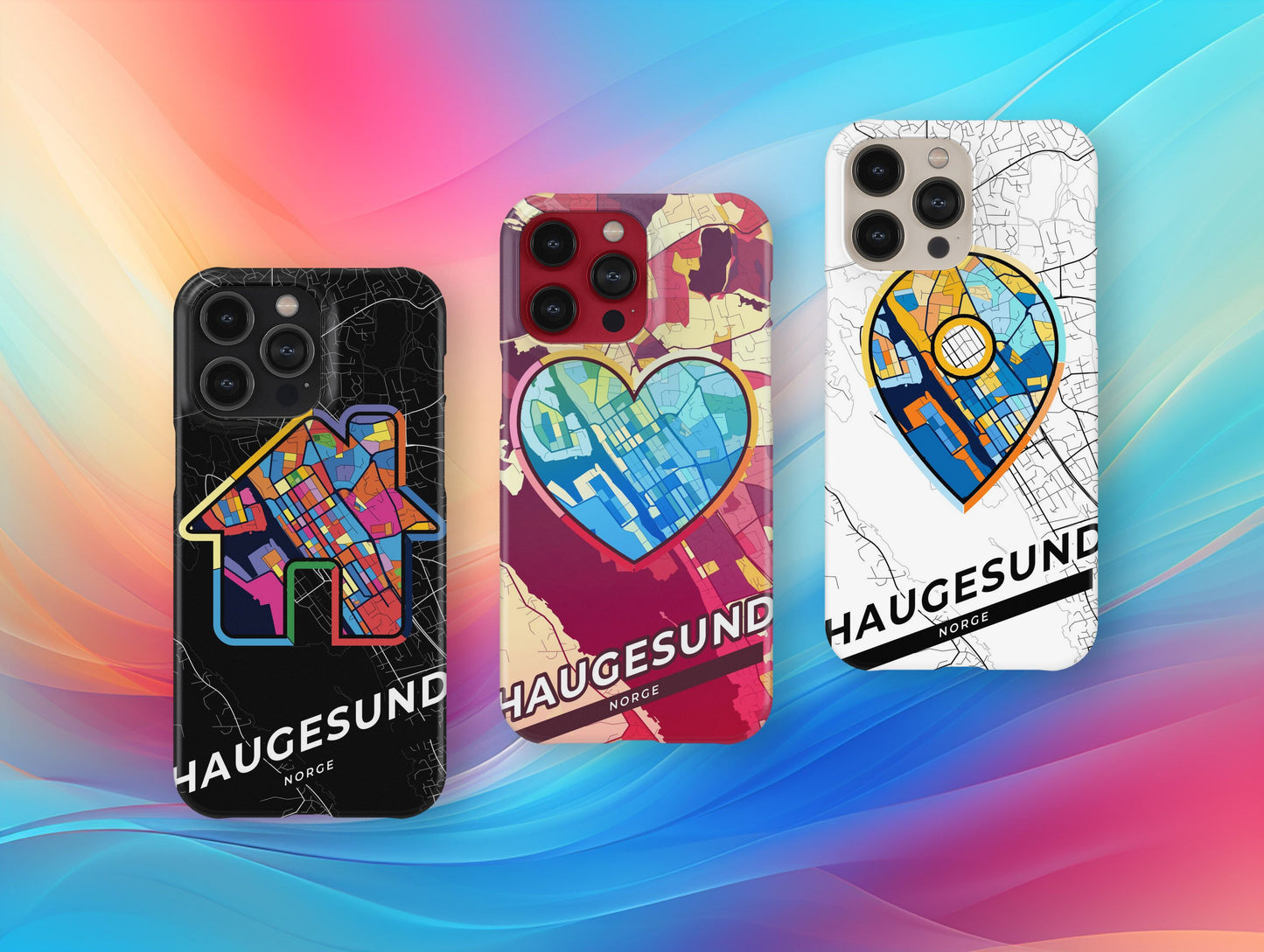 Haugesund Norway slim phone case with colorful icon. Birthday, wedding or housewarming gift. Couple match cases.