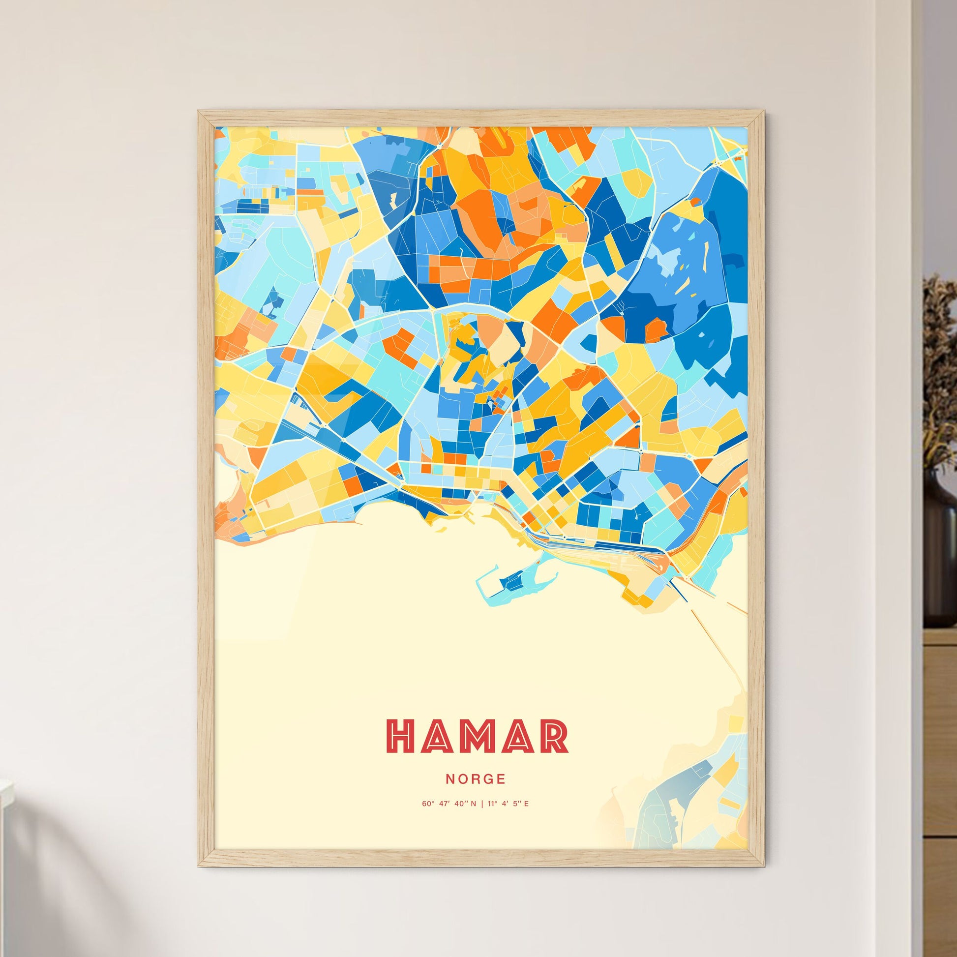 Colorful HAMAR NORWAY Fine Art Map Blue Orange